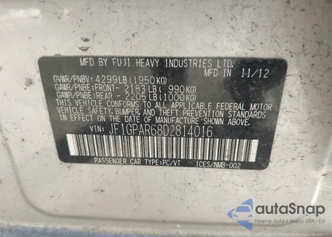 2013 Subaru Impreza 2.0I Sport Limited from USA, damaged, VIN JF1GPAR68D2814016